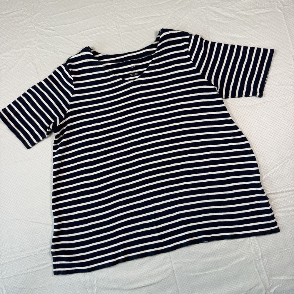 J. Jill Womens Medium Blue White Striped Pima Slub Cotton Elbow Sleeve V-Neck To